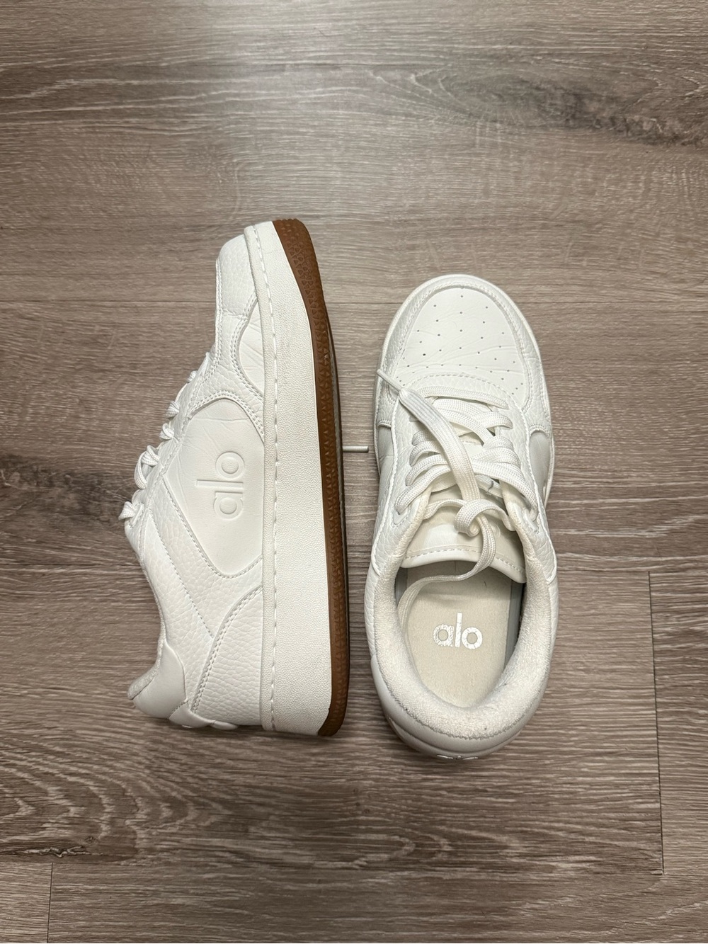 ALO Yoga White Leather Sneakers with Gum Sole